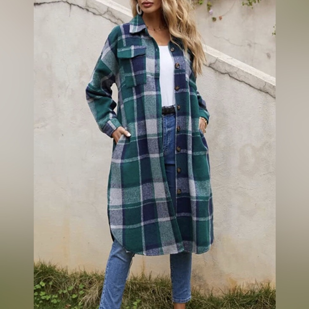 Plaid Longline Coat - Green and Blue